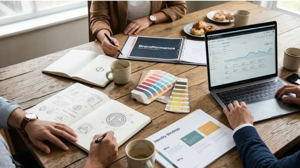 Equipo de una agencia de branding desarrollando la identidad y estrategia corporativa de un cliente